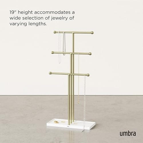 Umbra Trigem Jewelry Stand, Tiered Necklace Holder, Steel, White/Gold | Multi level design, tangle free solution, doubles as accessory tray, padded scratch protection thumbnail 5
