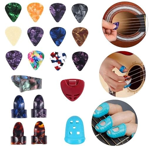 Guitar Accessories Kit with Guitar Strings,Guitar Tuner,Guitar Capo,3-in-1 Restring Tool,Pick Holder,Guitar Picks,Finger Protectors,Thumb Finger Picks, Guiter Bridge Pins,Guitar Nuts,Guitar Saddles thumbnail 8