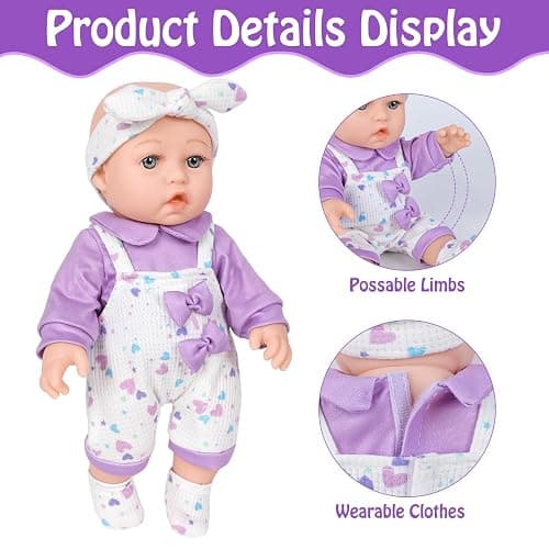 UZIDBTO 12" Baby Doll with Flower Pattern Backpack Carrier,12 Inch Realistic Baby Dolls with Clothes and Accessories Hanky Pacifier Bottle Diaper Toy Pretend Play Collection for 3+ Child Girls Gifts thumbnail 5