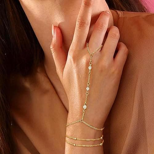 Gold Bracelets for Women, 14k Gold Plated Hand Chain Bracelet, 2 Pcs Ring Bracelets for Women Trendy Dainty Cubic Zirconia Bracelet Ring Bracelet Hand Jewelry Adjustable 6.3'+2' thumbnail 4