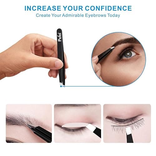 Pefei Tweezers Set - Professional Stainless Steel Tweezers for Eyebrows - Great Precision for Facial Hair, Splinter and Ingrown Hair Removal (Black) thumbnail 3