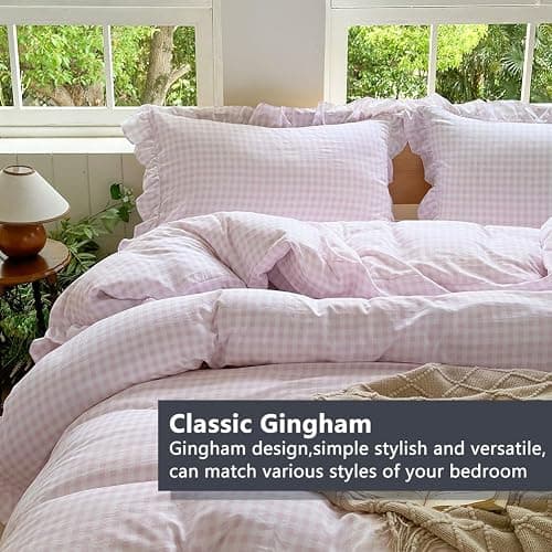 NSNLGSGC Pink Gingham Ruffle Duvet Cover Queen Size, 3 Pieces Soft Pre-Washed Microfiber Checked Plaid Comforter Cover Set, Vintage Farmhouse Bedding Set(Pink Gingham, Queen 90"x90") thumbnail 3