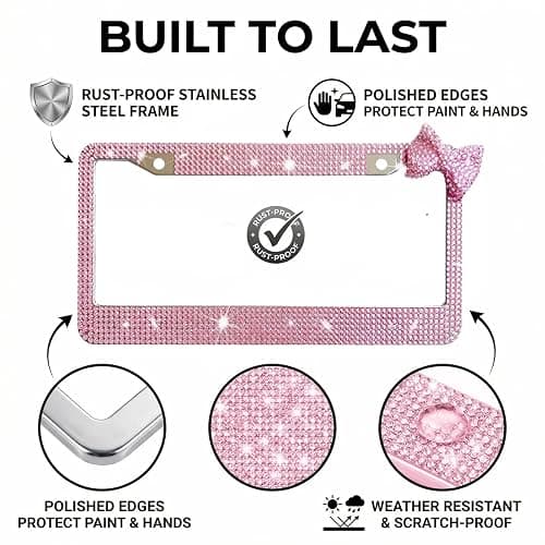 Wanheart 1 Pack Pink Bling License Plate Frame with Pink Corner Bow | Pink frame and upper-right bow, Fits 12 x 6 in plates, Stainless steel base, Hardware and extra stones included thumbnail 4
