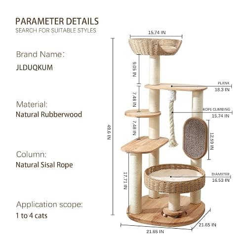 JLDUQKUM Wooden Cat Tree for Large Cat, 49.6IN Tall Cat Tower with Scratching Post for Indoor Cats, Multi-Level Cat Condo with Hand-Woven Cat Bed and Scratching Board Easy to Clean thumbnail 6