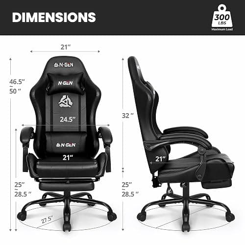 N-GEN GAMING Video Gaming Chair with Footrest Lumbar Support for Home Office High Back Recliner Height Adjustable Ergonomic Comfy Leather Computer Desk Chair (Black) thumbnail 3