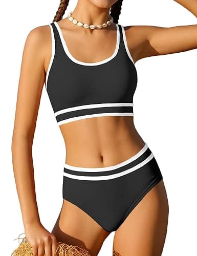 Girls Swimsuit Double Strap High Waist Sporty Bikini Swimsuits Swim Cover Up Skirt 3 Piece Set - Image 1