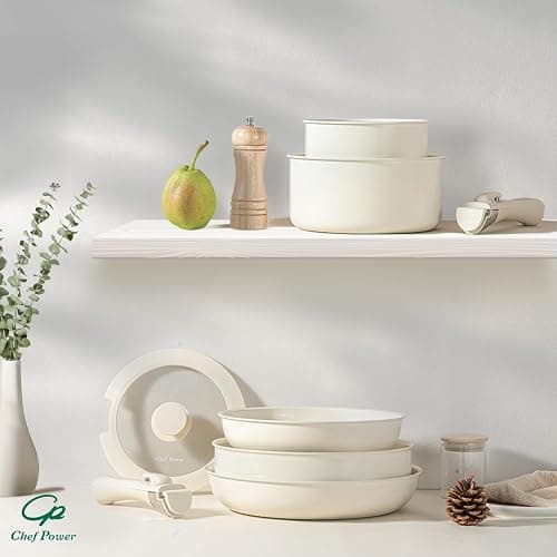 Chef Power Ceramic Cookware Set Non Toxic with Detachable Handles, Healthy Nonstick Pans and Pots Set 19 Pcs, Induction Dishwasher Oven Safe Kitchen Set, PFAS PFOA & PTFE Free, Cream White thumbnail 8