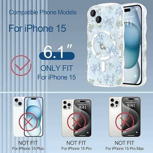 Urarssa Magnetic Case for iPhone 15, Glitter Cute Curly Wavy Frame Aesthetic Ribbon Bow Pattern Clear Case for Women Girls, Transparent Slim TPU Bumper Shockproof Protective Cover, Blue Bows thumbnail 2