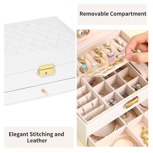 GUOER Jewelry Box for Women Girl Wife - Large PU Leather Jewelry Organizer Storage Case with Two Layers Display for Earrings Bracelets Rings Watches (White) thumbnail 6