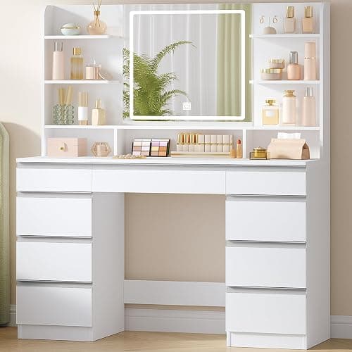 Hzuaneri Large Dressing Table with LED Lighting, 3 Colours, Brightness Control, Dressing Table with Mirror, 9 Drawers, 9 Open Shelves, Modern Style, White/Silver DT41903W - Image 1