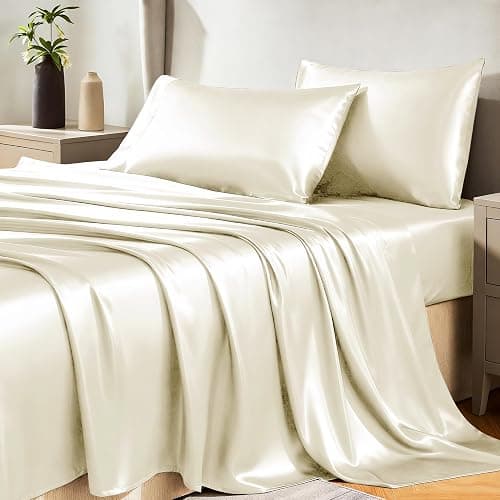 CozyLux Satin Sheets Full Size Sheets - 4 Piece Silky Full Size Bed Sheets, Luxury Cream Full Bed Set with Smooth and Soft Microfiber, Includes 1 Fitted Sheet, 1 Flat Sheet and 2 Pillowcases - Image 1