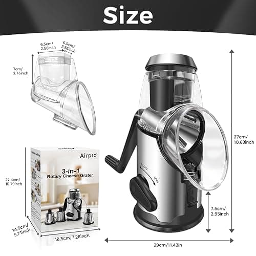 Airpro Rotary Cheese Grater with Handle - Vegetable Shredder with 3 Stainless Steel Blades & Strong Suction Base,Round Mandoline Slicer & Food Chopper for Kitchen thumbnail 3