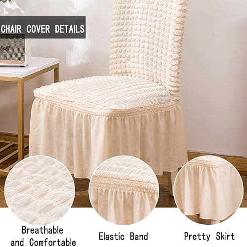 Qubjus Chair Covers for Dining Room Set of 2 Stretch Chair Slipcovers with Skirt Removable Washable Kitchen Chair Protector Cover Set for Home, Party, Wedding(Off-White, 2Pcs) thumbnail 4