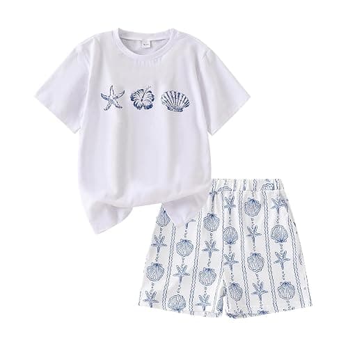 Zylvae Kid Girl 6-11 Years Summer 2-Piece Outfit Set - Daisy/Bow Print Top & Patterned Shorts Clothing Set - Image 1