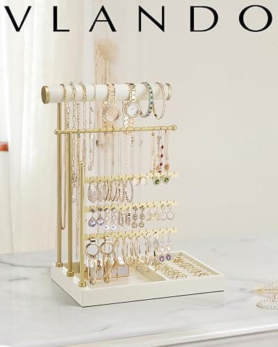 VLANDO Schmuckständer, Schmuckaufbewahrung mit Ablage, Zimmer Deko | Schmuck Organizer display für Halsketten, Uhren, Ringe, Ohrringe, Armbänder, Armreifen, Sonnenbrillen, Beige thumbnail 2