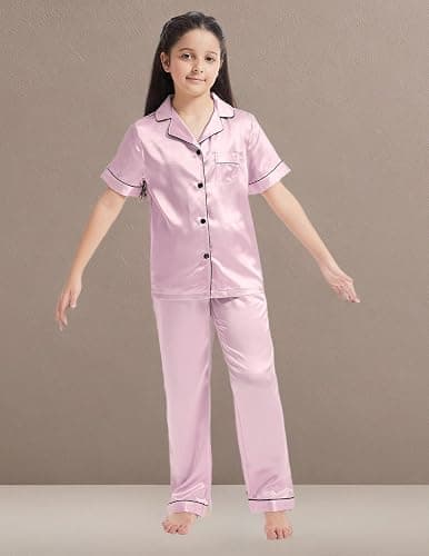 Veseacky Unisex Satin Pajamas Set Boys Girls Silk Pjs Short Sleeve 2 Piece Sleepwear Button-Down Kids Nightwear(4-13T) - Pants-pink - 12-13 Years thumbnail 7
