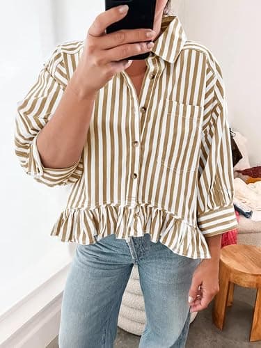 Cicy Bell Womens Cropped Striped Button Down Shirts Ruffle 3/4 Length Sleeve Summer Tops Dressy Casual Blouses thumbnail 2