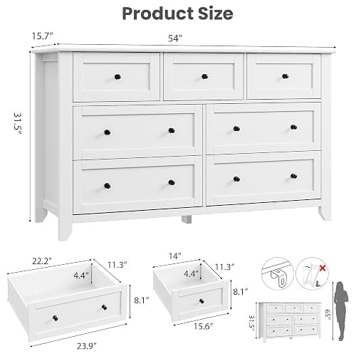 IDEALHOUSE White 7 Drawer Dresser for Bedroom, 54" Wide Large Dresser with Deep Drawers & Metal Knobs, Modern Wooden Chests of Drawers for Entryway, Hallway thumbnail 2