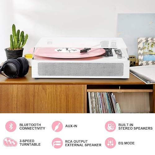 Vinyl Record Player Bluetooth with Bulit-in Speaker Extended Turntable Case | Vintage Belt-Driven 3-Speed Turntable, USB/TF Recording, Vinyl to Digital, 5 Modes on Bluetooth/USB /AUX RCA Line-Out, White thumbnail 9