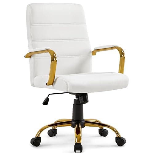 Yaheetech Faux Leather Office Chair Mid-Back Computer Desk Chair w/Lumbar Support Swivel Chair w/Gold Leg White Seat for Home - Image 1
