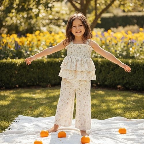 Hibabying Toddler Baby Girl Clothes Sleeveless Smocked Ruffle Tank Tops and Long Pants Summer Little Girls Outfits thumbnail 4