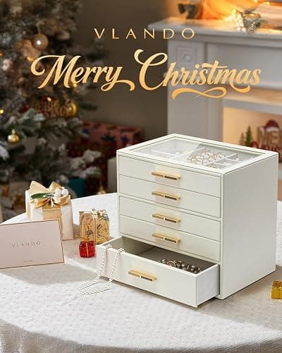 Vlando 5 Layer Jewelry Box for Women, Glass Lid Jewelry Organizer with 5 Drawers for Necklaces Rings Earrings Bracelets - Cloud White thumbnail 4
