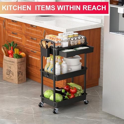 Goovilla 3 Tier Rolling Utility Cart Organizer with Removable Drawer, Stable and Sturdy Black Rolling Storage Carts with 2 Lockable Wheels for Bathroom, Kitchen, Snack, Craft, Makeup, Baby Essentials thumbnail 7