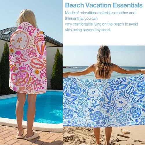 2 Pack Pink Blue Ocean Seashells Starfish Boho Beach Towel Microfiber Lightweight Quick Dry Oversized Swim Towels Beach Accessories Cruise Vacation Necessities for Pool Camping Travel 32x71 inch thumbnail 4