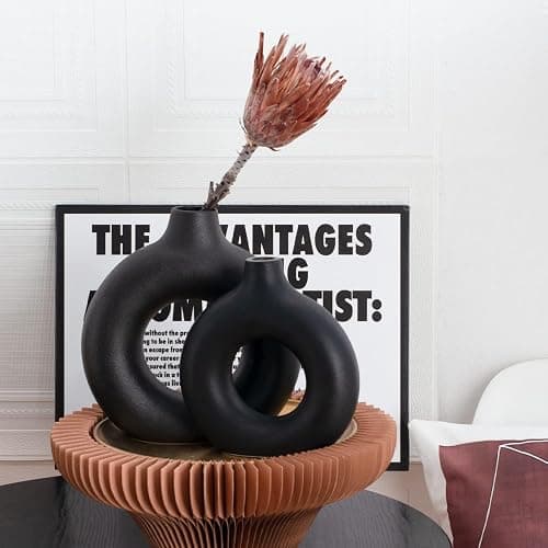 Hanaomaoyi Black Ceramic Donut Vase Set of 2, Hollow Round Matte Pampas Flower Vases for Boho Home Wedding Party Room Dinner Table Shelf Decor.（Black） thumbnail 2