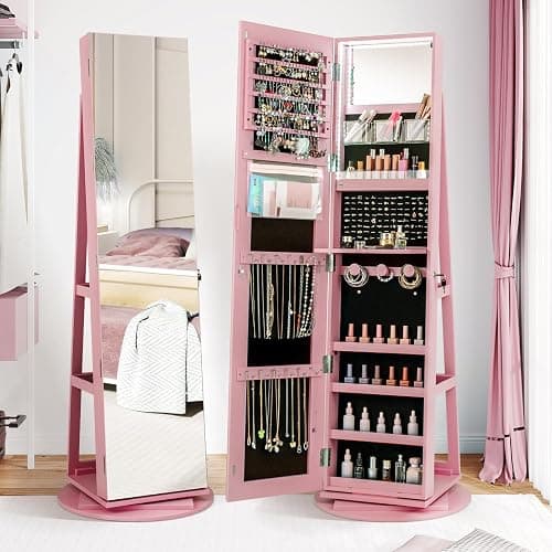 CHARMAID 360° Swivel Jewelry Armoire with Full Length Mirror, Rear Storage Shelves, Lockable Standing Jewelry Cabinet Organizer with Interior Vanity Mirror and 3-Color Lights (Pink) - Pink thumbnail 8