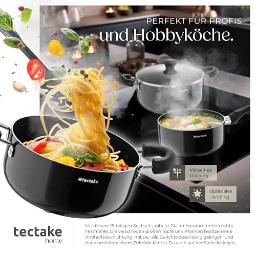 tectake® 15tlg Set mit 5x Küchenhelfer, 2x Pfanne, 4x Topf, jeweils mit Deckel, Kochtopf Set Antihaft Beschichtung, Töpfe + Pfannen aus Aluminium, Zubehör für Haushalt, Camping und Küche thumbnail 7