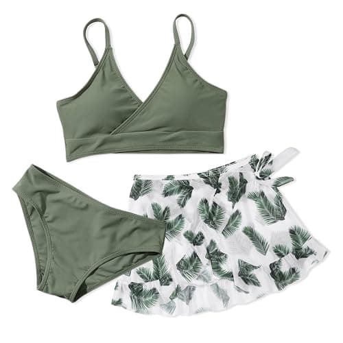 URMAGIC Girls 3 Piece Swimsuits Bathing Suit Cute Ruffle Floral Print Bikini Set with Skirt Kids Swimwear Size 9-14 Years - 11-12 Years - Green Feather - Image 1