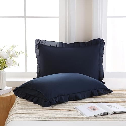 Merryword Navy Pillow Shams Navy Blue Ruffle Standard Pillowcases Cute Pillow Cover Set of 2 Shabby Chic Soft Microfiber Pillowcases 2 Pack - Image 1