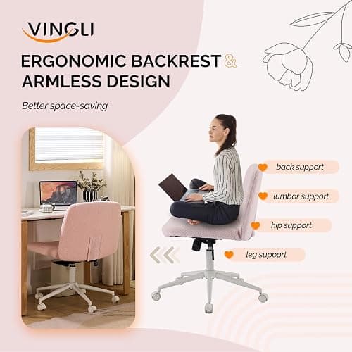 VINGLI Criss Cross Legged Chair,Wide Comfy Office Desk Chair,Dual-Use with/no Wheels Computer Task Chair,Swivel Armless Vanity Boucle Chair for Study,Make Up,Home Office,Teddy Fleece,Pink thumbnail 7