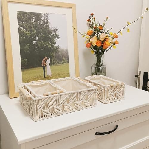 ANMINY 3PCS Macrame Storage Baskets for Organizing Boho Decor Baskets Storage Bins with Wood Handles Handmade Decorative Storage Boxes Desk Toilet Tank Bathroom Self Basket Organizer - Leaves thumbnail 7
