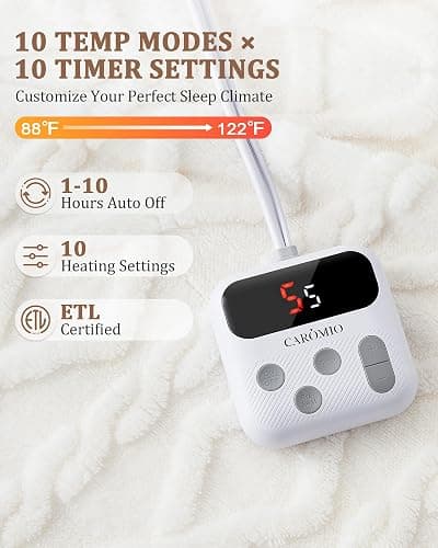 CAROMIO Electric Blanket Twin Size - Thick Tufted Sherpa Heated Blanket Twin with 10 Heating Levels and 10 Time Settings, ETL Certified Machine Washable Fast Heating Blanket Twin 62"×84", White thumbnail 3