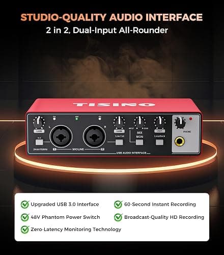 TISINO Audio Interface 24Bit/192kHz, USB Audio Interface for Recording, Songwriting, Streaming and Podcasting, Plug & Play Studio Interface with 48V Phantom Power, PC/Mac/iOS Compatible,RED thumbnail 3