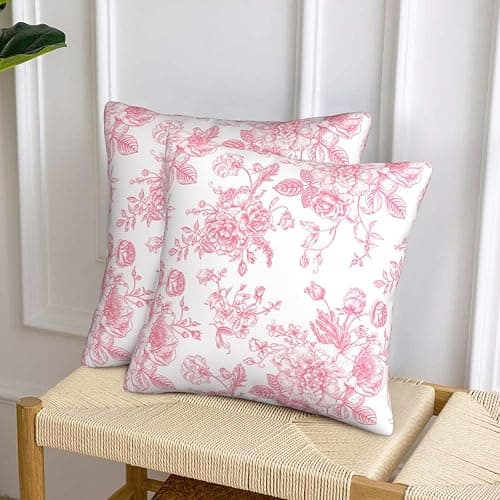 Pink and White Floral Throw Pillow Covers 18x18 Inches Set of 2, Decorative Vintage Chinoiserie Flower Pillow Case Farmhouse Cushion Covers for Sofa Bed Couch Living Room thumbnail 6