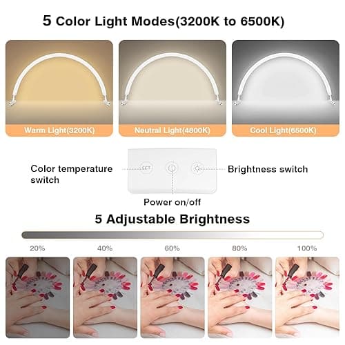 Mznoo Half Moon Light for Nail Desk, 30'' Large Half Moon Desk Lamp with Phone Holder, Professional Nail Tech Light with 3 Color Modes and 5 Brightness for Manicure Salon and Handicraft (White) thumbnail 3