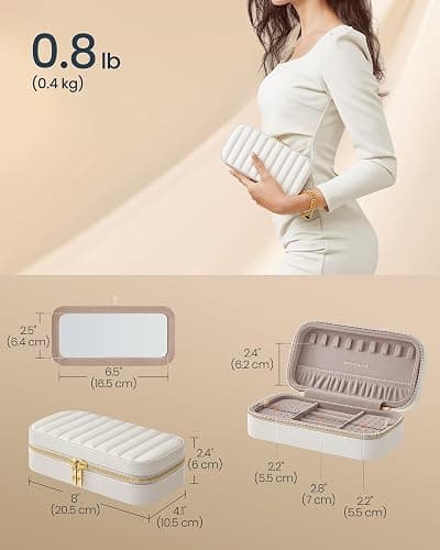 SONGMICS HOME Travel Jewelry Case, Travel Jewelry Box Organizer with Mirror, 4.1 x 8 x 2.4 Inches, Stitching, Portable, Christmas Gift, Cloud White UJBC180W01 thumbnail 3