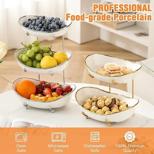 HOMKULA 2 Tier Ceramic Fruit Bowl for Kitchen Counter, Tiered Fruit Basket for Countertop, Modern Multi Layer Fruit Display Stand for Party, Cute & Smal (Gold-rimmed) thumbnail 4