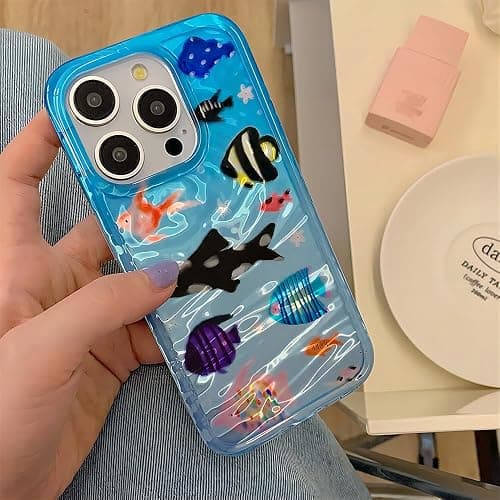 Casechics Compatible with iPhone Case,Cute Ocean Animals Aquaria Lovely Fishes Full Body Protection Soft Shockproof Cover Phone Case (Blue,iPhone 15) thumbnail 2