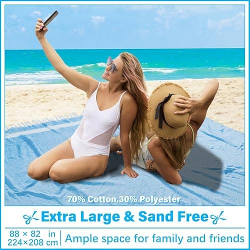 Oversized Turkish Beach Towel Blanket XXL Cotton Sandproof Towels Boho Woven Extra Large Big Sand Free Giant Throw Blankets Huge Quilt XL Picnic Camping Necessities Cloud For Adult Gifts Blue thumbnail 2