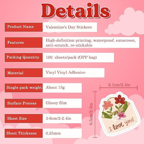 OHOME Valentines Stickers - 100 PCS Heart Stickers for Kids Classroom School - Valentines Day Crafts Gifts Treats Decor Cards Scrapbooking Decorations Supplies - Valentine's Party Favors thumbnail 6