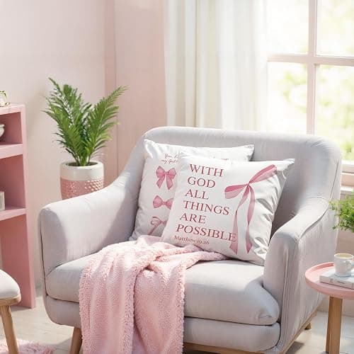 GTYNU Coquette Pink Bow Christian Throw Pillow Covers 18x18 Set of 2,Pink Bow Christian Room Bedroom Dorm Decor Aesthetic for College Teen Girls Gifts, Inspirational Bible Verses Bow Pillowcase（02） thumbnail 3