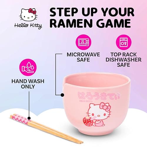 Silver Buffalo Sanrio Hello Kitty Strawberry Milk Japanese Character Ceramic Ramen Noodle Rice Bowl with Chopsticks, Microwave Safe, Pink, 20 Ounces thumbnail 3
