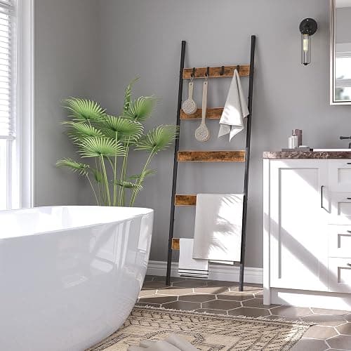 HOOBRO Blanket Ladder, 5-Tier Towel Rack with Hooks, Wall-Leaning Blanket Rack, Decorative Display Ladder Shelf, for Scarves, Industrial, Living Room, Bedroom, Rustic Brown and Black BF52CJ01 thumbnail 5
