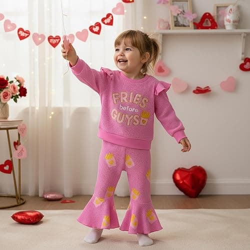 Socutebabe Toddler Baby Girl Valentines Day Outfit Fries Before Guys Sweatshirt Long Sleeve Pullover Flare Pants Cute Clothes thumbnail 3