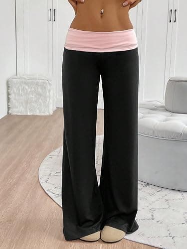 Seyurigaoka Fold Over Flare Legging for Women Low Rise Wide Leg Foldover Yoga Pants Bell Bottoms Teen Girls Cute Sweatpants thumbnail 5