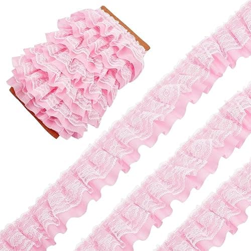GORGECRAFT 11 Yards Pink Double-Layer Pleated Chiffon Lace Trim 5cm Wide 2-Layer Gathered Ruffle Trim Edging Tulle Trimmings Fabric Ribbon Jacquard lace for DIY Sewing Crafts Pillowcase Embellishments - Image 1